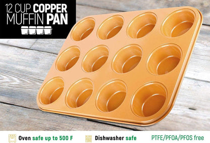 Copper Professional Healthy 12 Cup Cake and Muffins Baking Pan Sheet, Oven and Dishwasher Safe