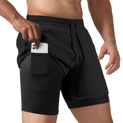 NIMOJIRO Men's 2 in 1 Running Shorts Workout Athletic Shorts Outdoor Sports with Liner Lightweight Training Yoga Gym Shorts with Phone Pockets Black L