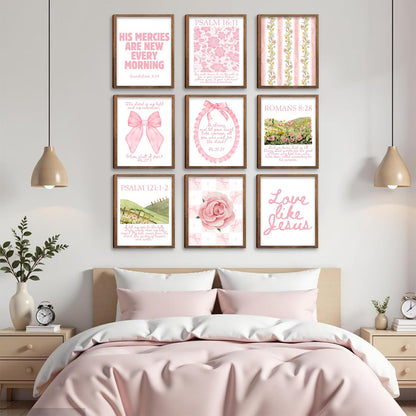Christian Wall Art Pink Bible Verse Canvas Posters Coquette Bow Room Wall Decor Jesus Scripture Pictures Trendy Preppy Christian Floral Aesthetic Prints for Girls Bedroom 8x10xInch Set of 9 Unframed