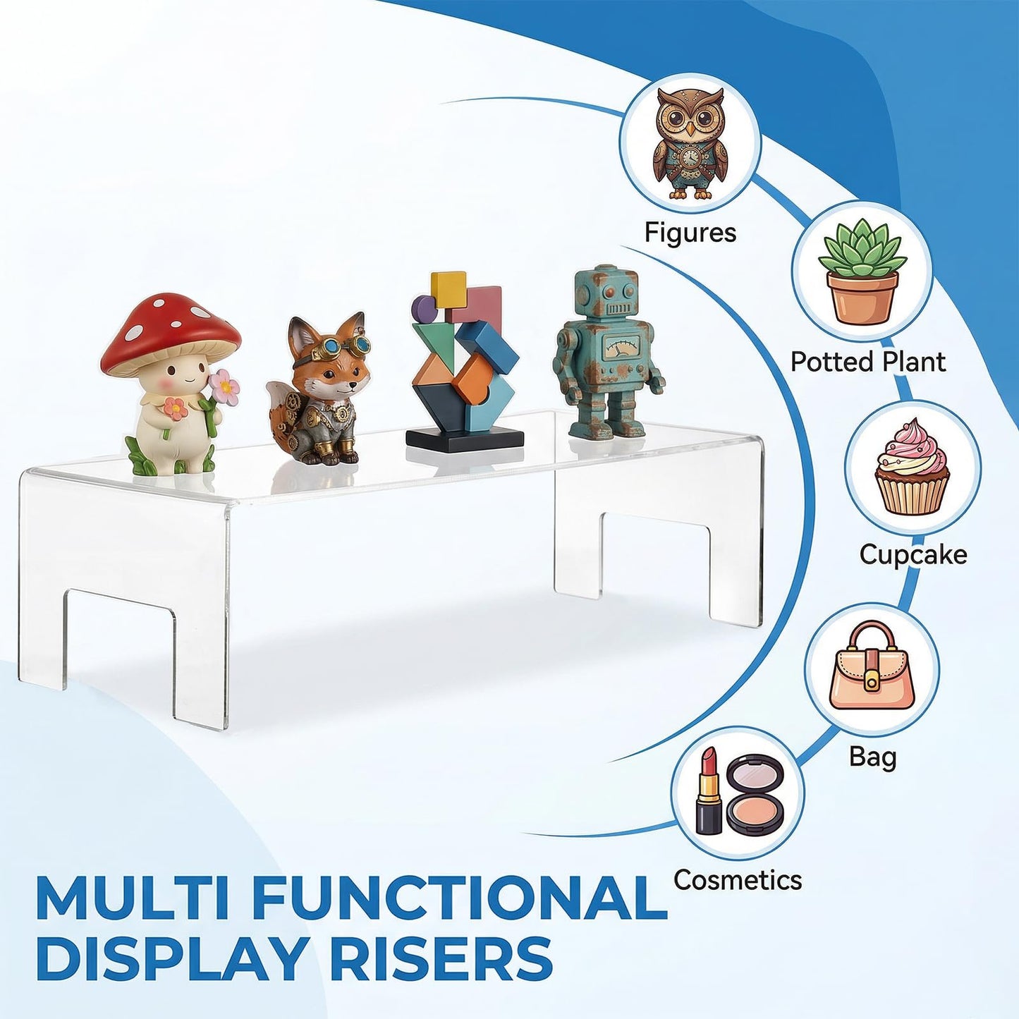 Frcctre 2 Pack Acrylic Display Risers, 12" Lx5 Wx3.3 H Clear 5mm Thick Small Display Risers Stand Acrylic Showcase Fixtures Shelf for Dessert Cupcake Figures Toys Cosmetics Perfume