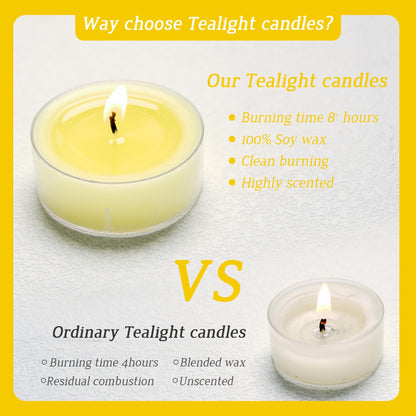 Scented Tealight Candles, 6Pcs Lemon Natural Soy Tea Lights Candle - 8 Hours Long Burning, Smokeless and Clean Burn for Home Decor, Dinner, Weddings, Party