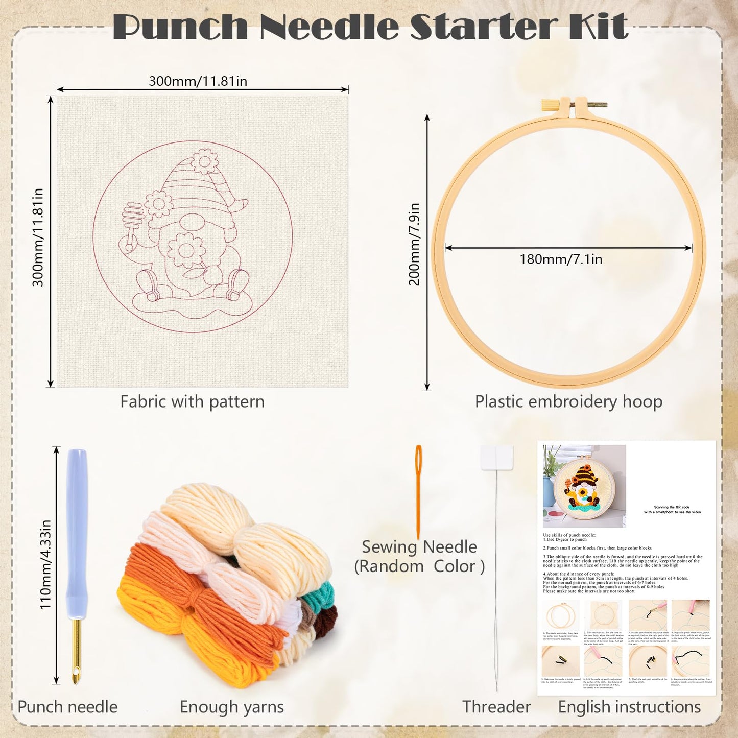 JSRQT Honey Gnomes Punch Needle Kit for Beginners, Punch Needle Embroidery Starter Kit for Adult Kids, DIY Cross Stitch Rug Hooking Craft Beginners Kit with Tools for Home Decor