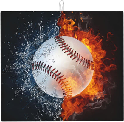 Baseball Dish Drying Mat 18x16 in, Sports-Themed Absorbent Pads with Cool Fire & Water, Drainer Mats for Kitchen Counter