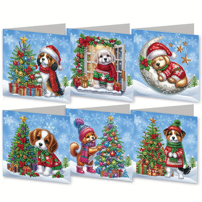 MaiYiYi 6 Packs DIY Christmas Dog Diamond Painting Greeting Card Kit, Christmas Snowflake Diamond Art Cards with Envelopes, Thank You Card for Family Friends Holiday Birthday