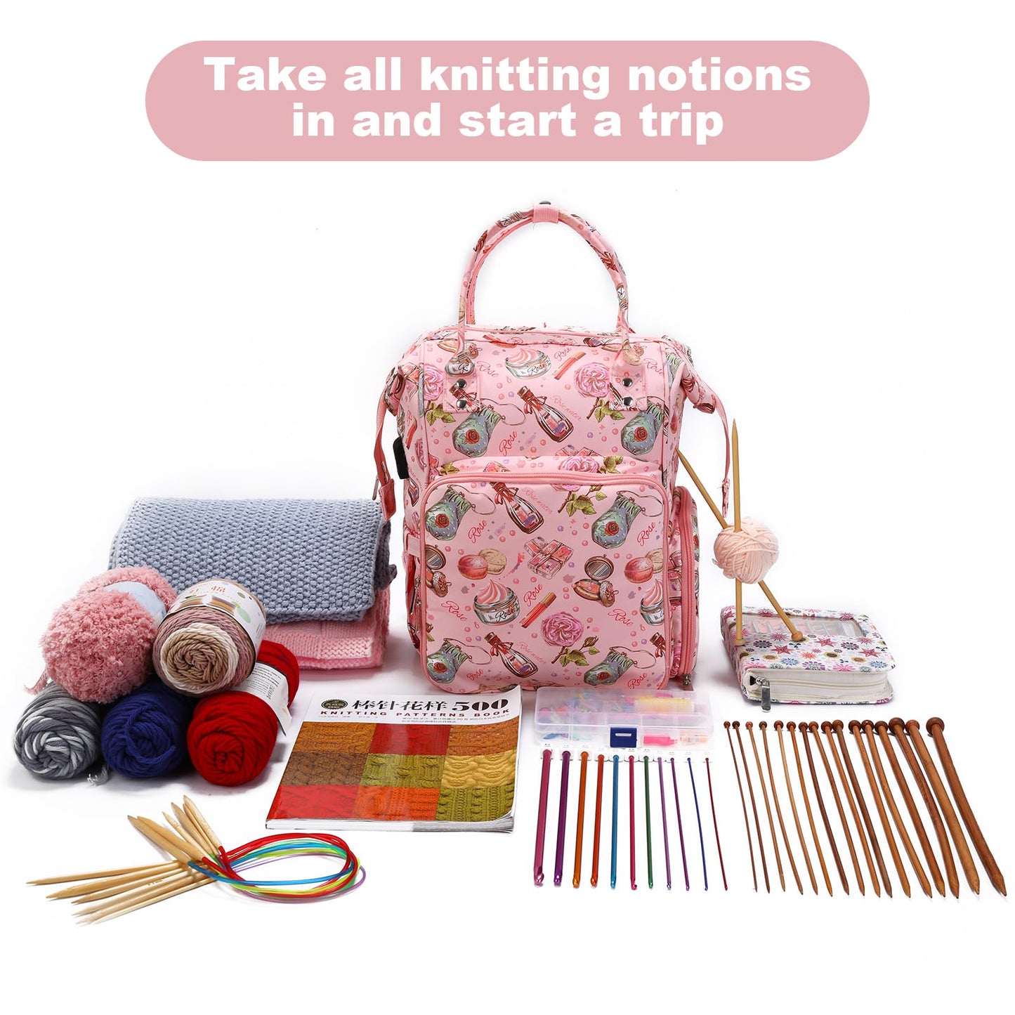 QZLKNIT Project Backpack Bag Organizer for Knitting Crochet Supplies Accessories,Yarn Storage Organizer Bag, Yarn Organizer Tote Bag, Crochet Bag with USB Charging Port