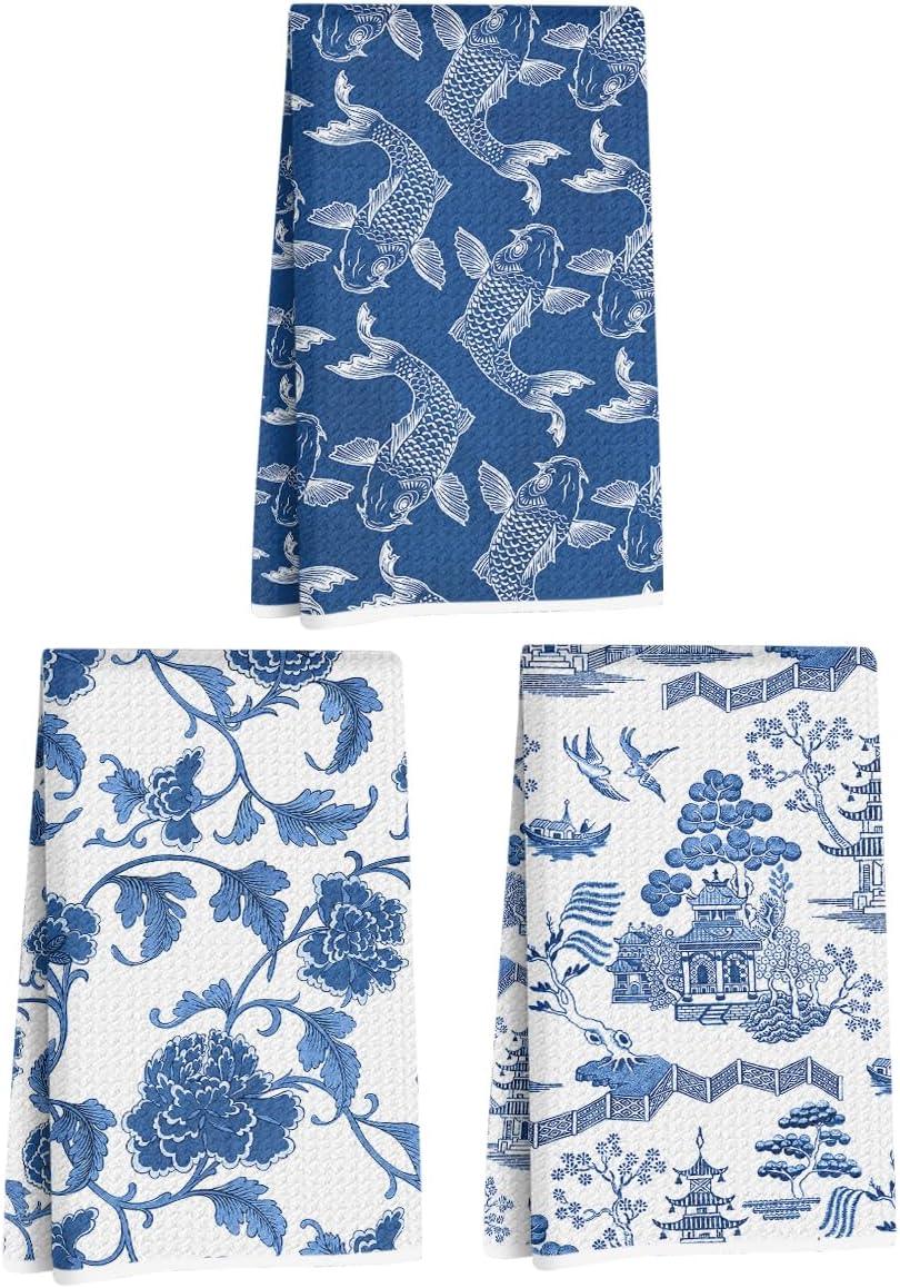 Hanamiya Na 3Pcs Exquisite Traditional Landscape Kitchen Towels, Koi Fish Floral Decorative Absorbent Microfiber Dish