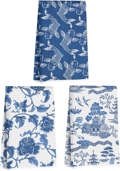 Hanamiya Na 3Pcs Exquisite Traditional Landscape Kitchen Towels, Koi Fish Floral Decorative Absorbent Microfiber Dish