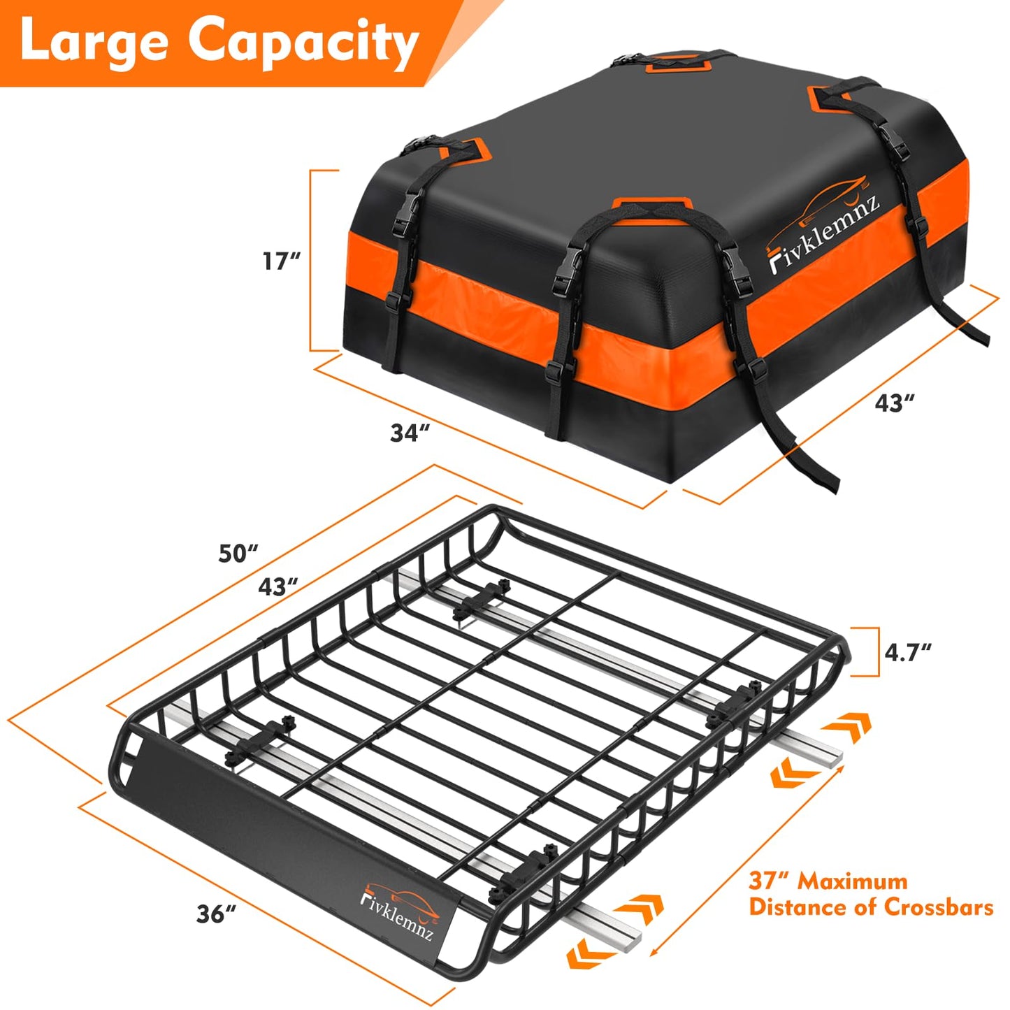 Roof Rack Cargo Carrier, Universal Roof Basket (51"x 36"x 5") + 15 Cubic Feet Waterproof Rooftop Cargo Carrier Bag (46"x 34"x 17") with Bungee Net, Ratchet Straps, Storage Bag, Luggage Lock