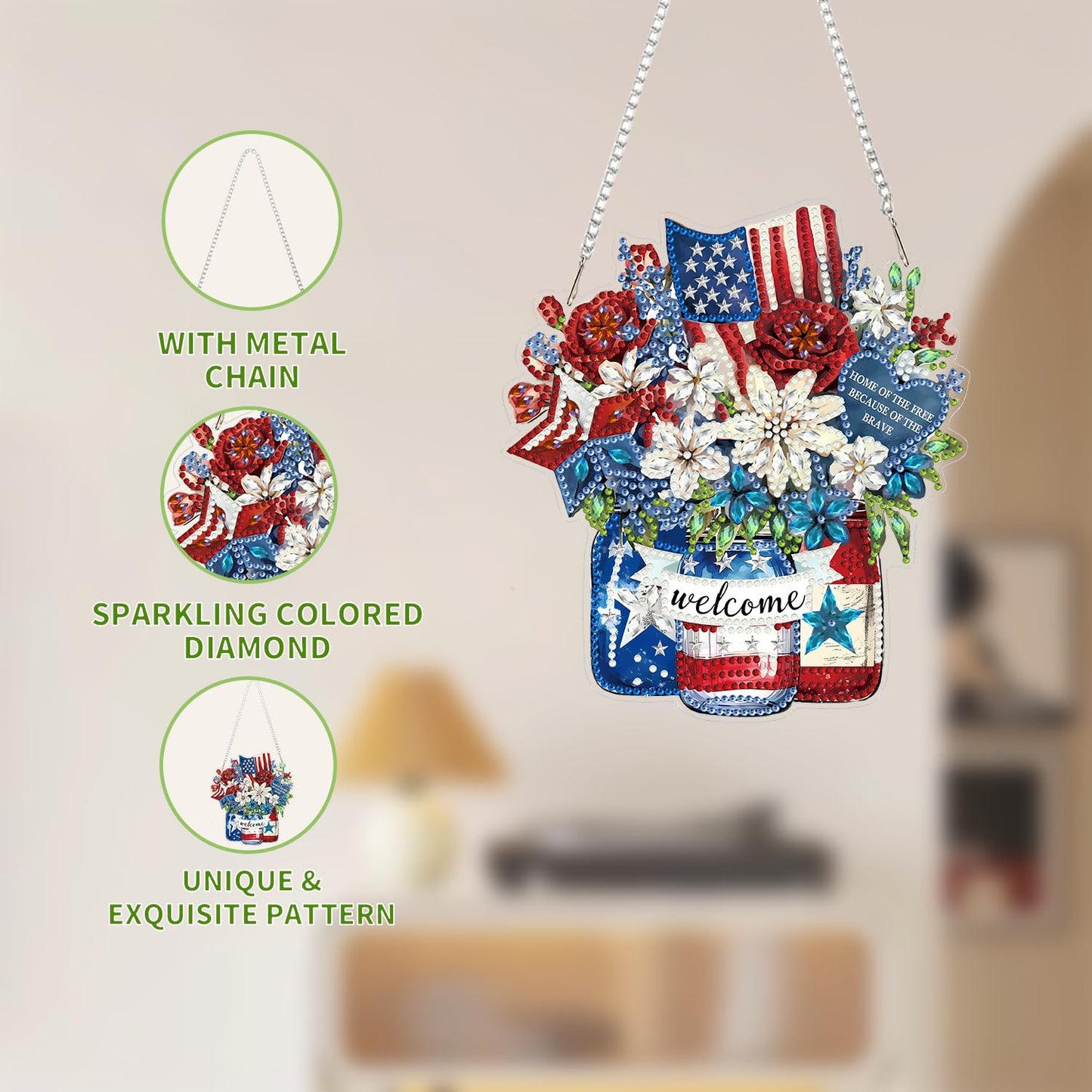 Diamond Art Hanging Kit for Adult,Special Shaped Rhinestone,Double Sided DIY Acrylic Diamond Art Painting Window Pendants Home Garden Wall Hanging Kits Hanging Ornament (Independence Day Flower)