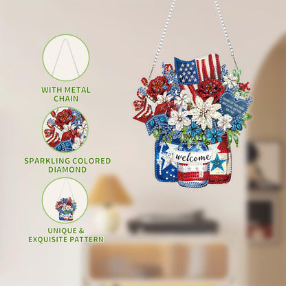 Diamond Art Hanging Kit for Adult,Special Shaped Rhinestone,Double Sided DIY Acrylic Diamond Art Painting Window Pendants Home Garden Wall Hanging Kits Hanging Ornament (Independence Day Flower)