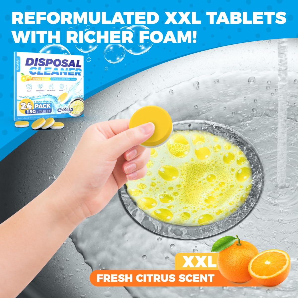 Garbage Disposal Cleaner and Deodorizer Tablets - 24 Pack, Powerful XXL Foaming Disposal Cleaner - Citrus Scented Foam, Natural Garburator & Sink Freshener, Septic Safe Kitchen Drain Cleaning Care