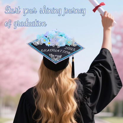Kicpot Blue Graduation Cap Decorations Kit DIY Grad Cap Topper with Artificial Flower 3D Butterfly Rhinestones Alphabet Letter Number Stickers for 2025 Graduation Party Decorations Supplies (Blue)