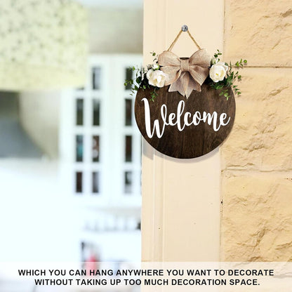 MayAvenue Welcome Wreaths Decor Sign, Round Wood Hanging Sign with Ribbon Bow and Green Leaves for Front Door