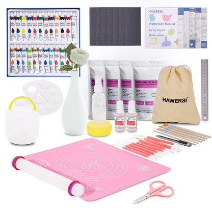 HAWERSI Air Dry Clay Kit for Adults,66 Pcs Beginners Pottery Kit Includes 4.4Lbs Air Dry Clay,Tools, Paints,Brushes,Gloss Varnish,Sand Papers,Non-Stick Rolling Pin,Storage Bag,Christmas Gift