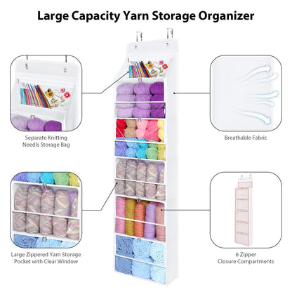 Univivi Hanging Yarn Storage Organizer with 6 Zipper Closure Compartments, Large Capacity Knitting Organizer Storage, Over the Door Hanging Yarn Holder for Knitting Needles, Crochet Hooks(Clear White)