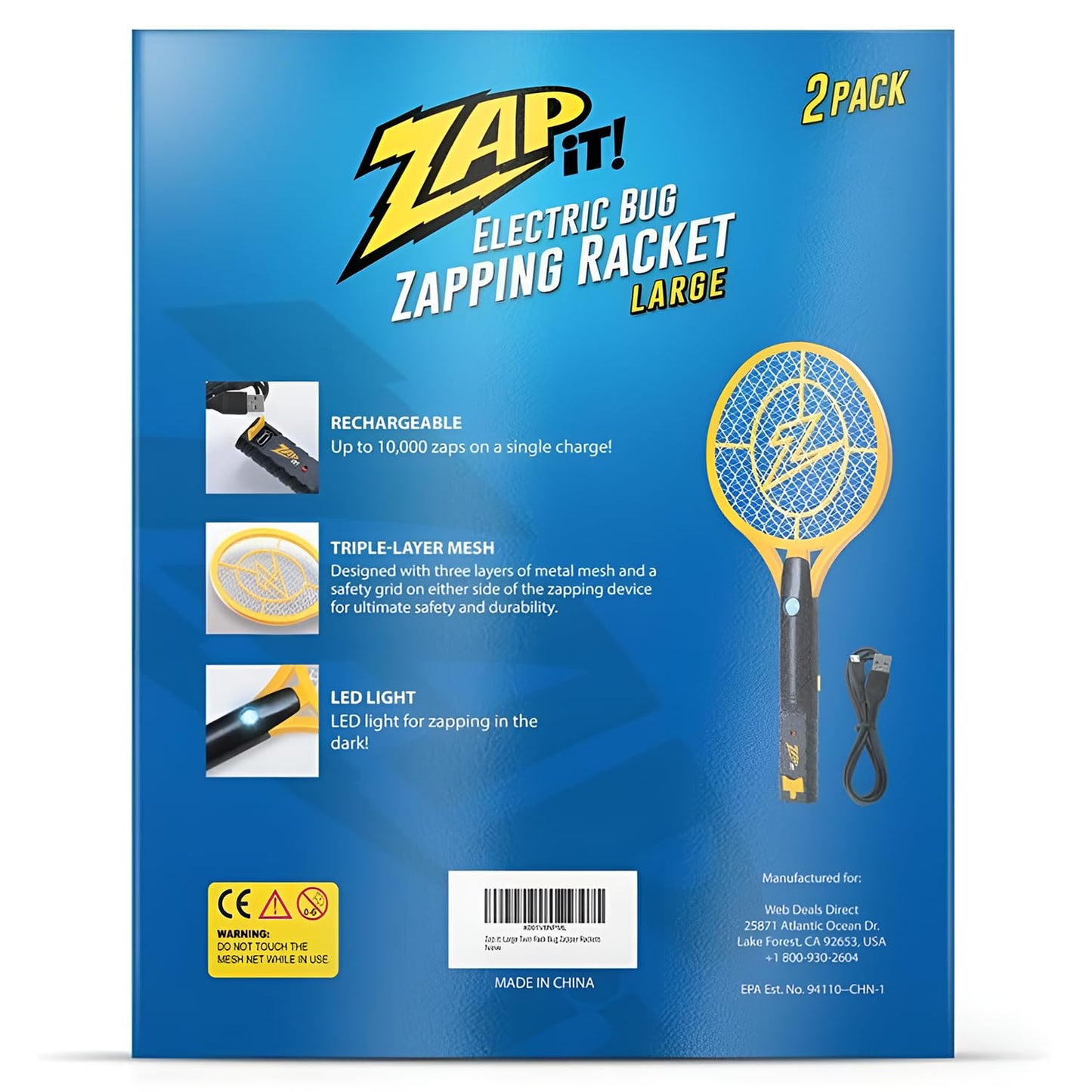 ZAP iT! 4,000 Volt Electric Handheld Bug Zapper Racket - USB Rechargeable Indoor Safe Mosquito Zapper and Fly Swatter for Indoor and Outdoor Use - 2 Pack (Large, Yellow)
