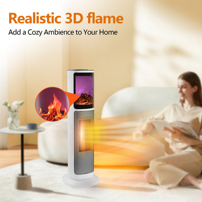 HINEIBER 750W/1500W Ceramic Tower Space Heater with 3D Flame, Electric Heater with 65° Oscillation, Adjustable Thermostat and Remote Control, 12H Timer, Overheat Protection for Bedroom Office