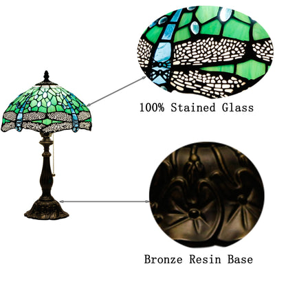 ZJART Tiffany Table Lamp Stained Glass Lamp 12X12X19 Inch Antique Reading Light (Green Dragonfly)