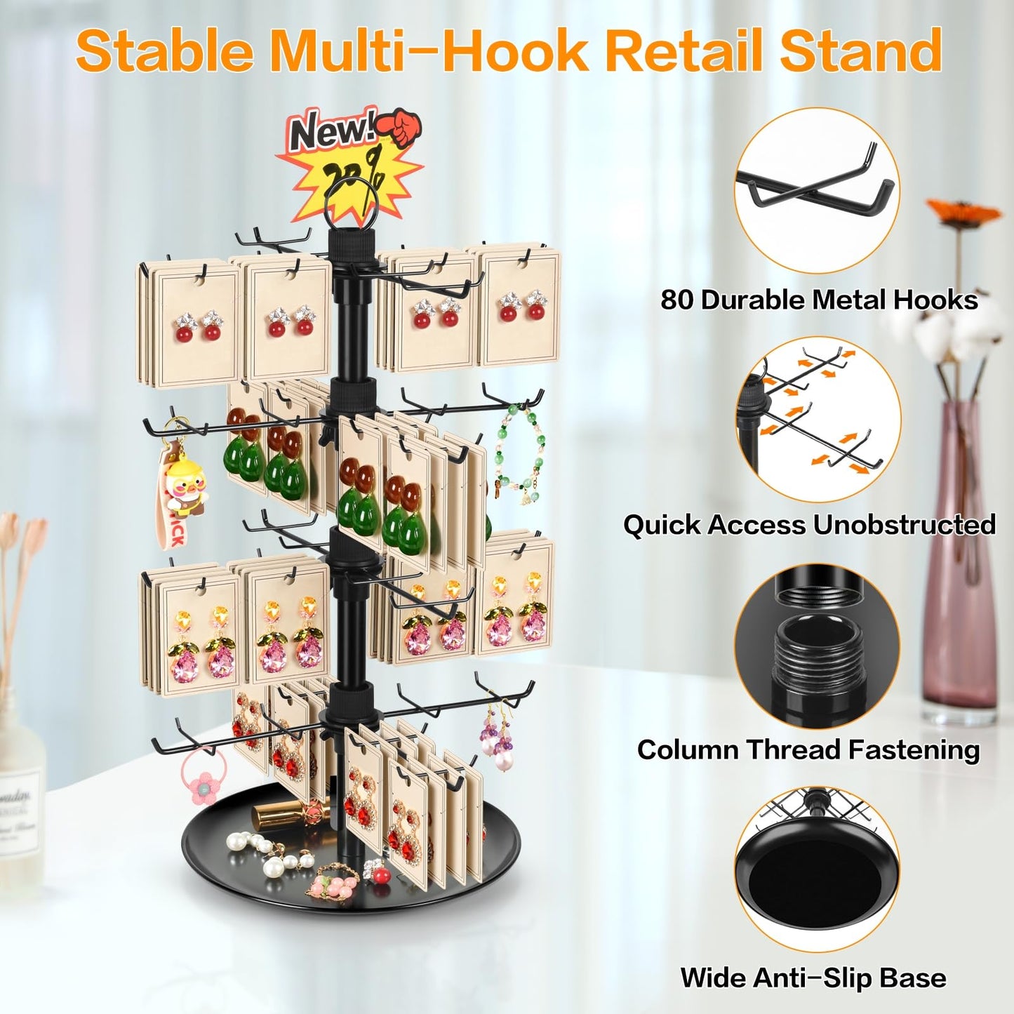 GEAMSAM Jewelry Display for Vendors with 80 Hooks, 4 Tier Rotating Display Stand Earring Holder Organizer Adjustable Height, Earring Rack Keychain Necklace Bracelet Display for Retail
