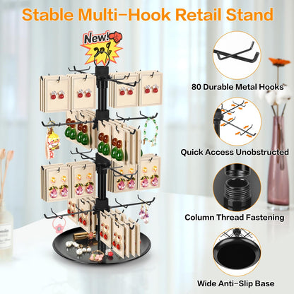 GEAMSAM Jewelry Display for Vendors with 80 Hooks, 4 Tier Rotating Display Stand Earring Holder Organizer Adjustable Height, Earring Rack Keychain Necklace Bracelet Display for Retail