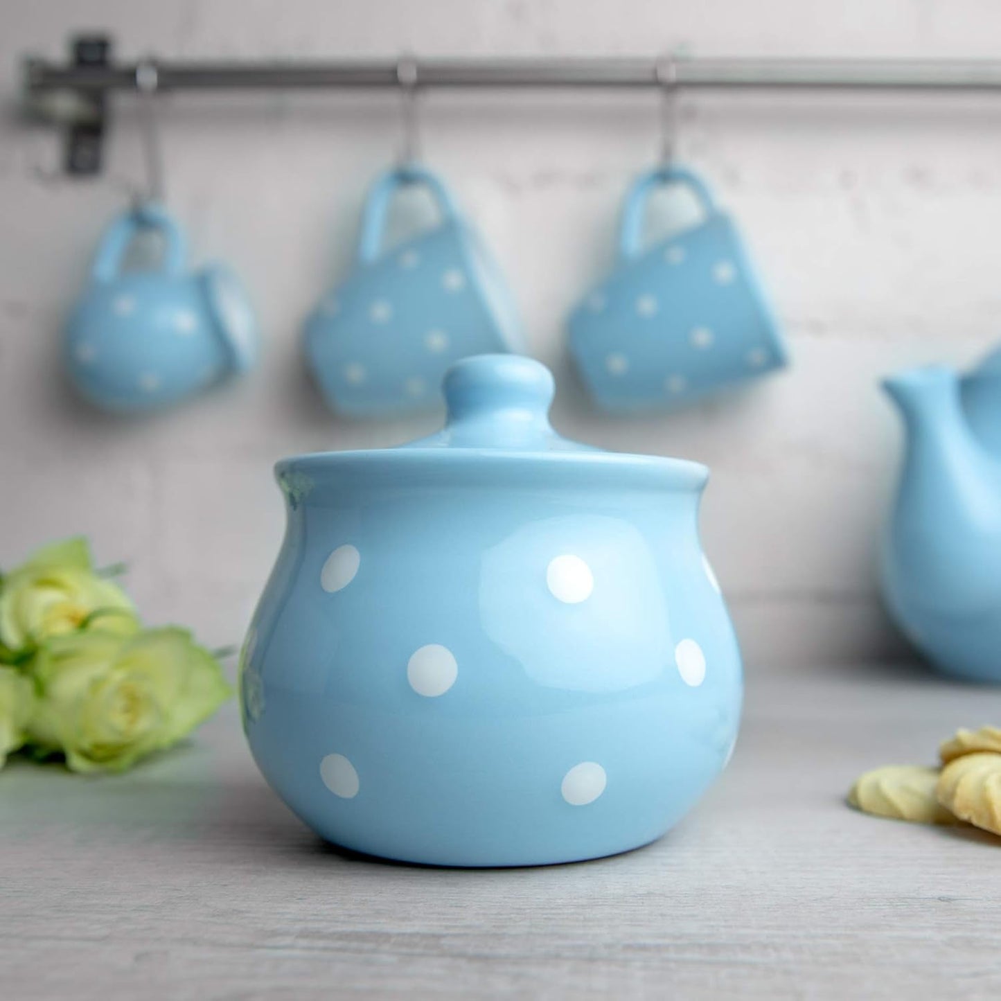 City to Cottage Ceramic Sugar Bowl with Lid, 10oz Container for Coffee Bar, Handcrafted Sky Blue Polka Dot