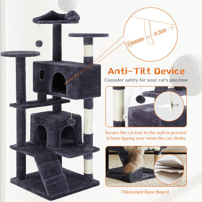 Sweetcrispy 54 Inch Cat Tree Tower, Multi-Level with Cat Scratching Post, Indoor Cat Condo with Climbing Ladder, Plush Toy, Play House for Cat, Grey