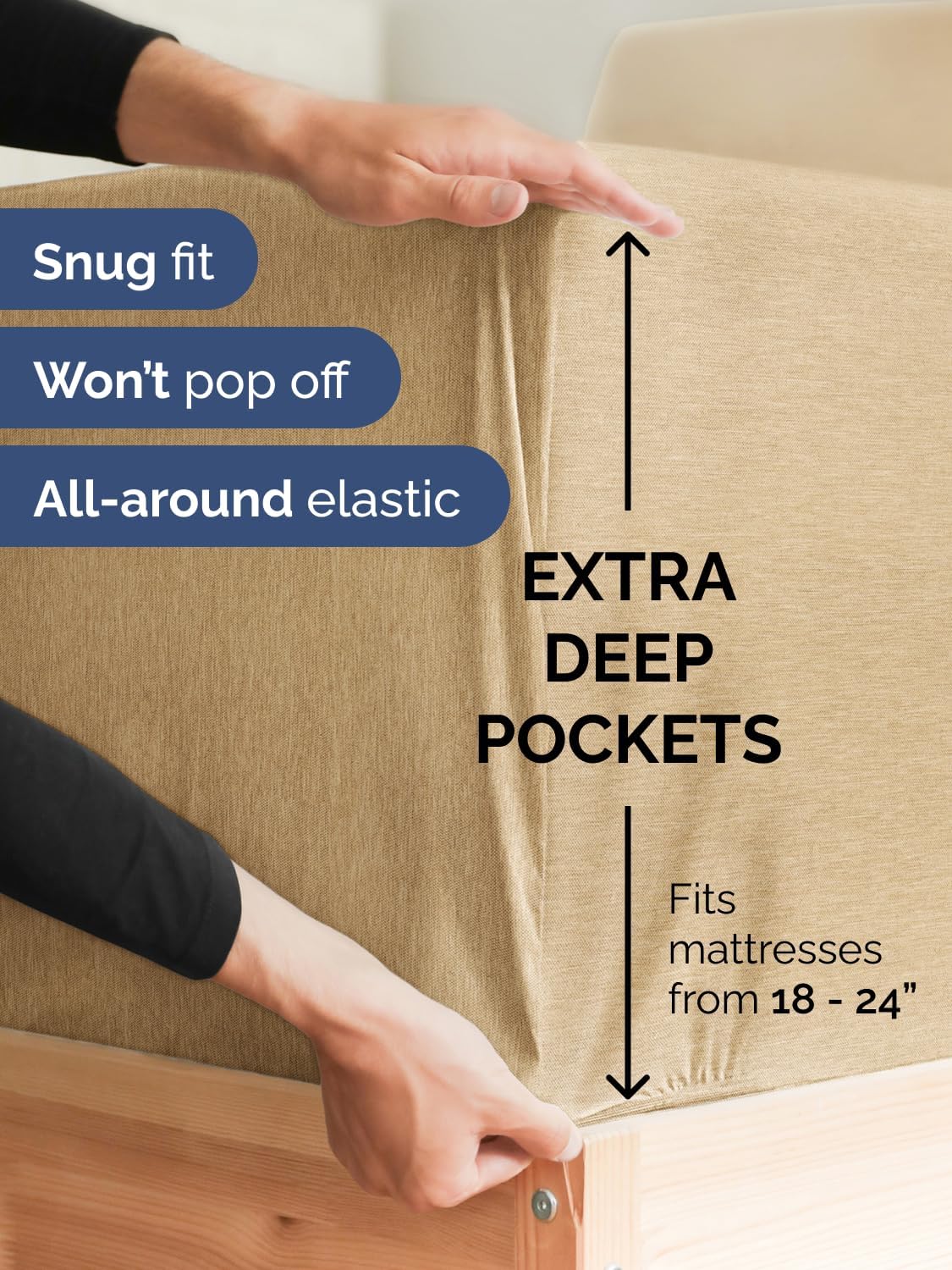Skiennix Extra Deep King Sheet Set - 6-Piece Breathable Cooling Bedding - Soft, Wrinkle-Free Heathered Tan