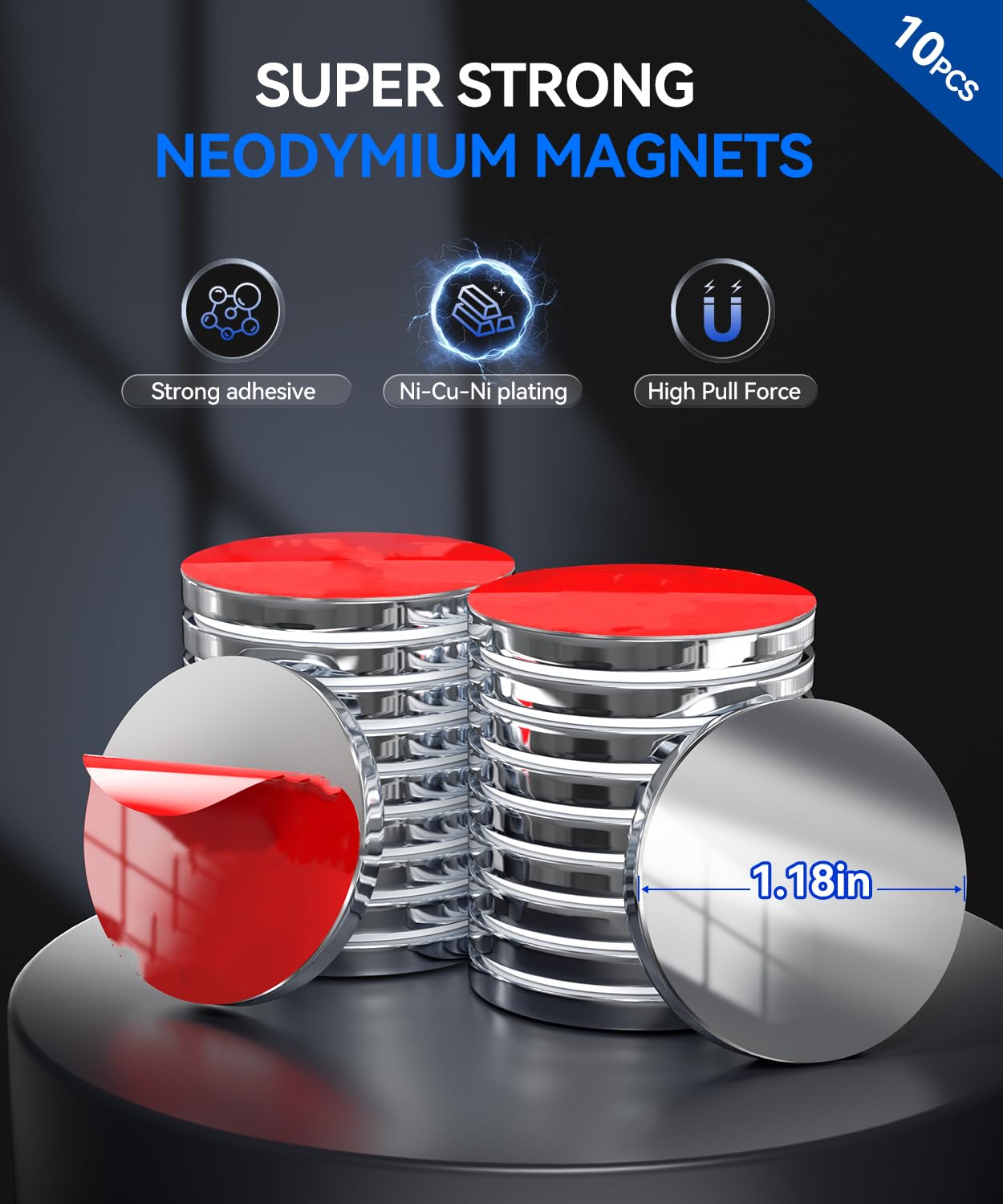 PHIXBEAR 10 Pack Neodymium Disc Magnets, 1.18" Diameter Ultrathin Rare Earth Magnets with Strong Double-Sided Tape, Powerful Magnets for Refrigerator, DIY Crafts, Kitchen & Office