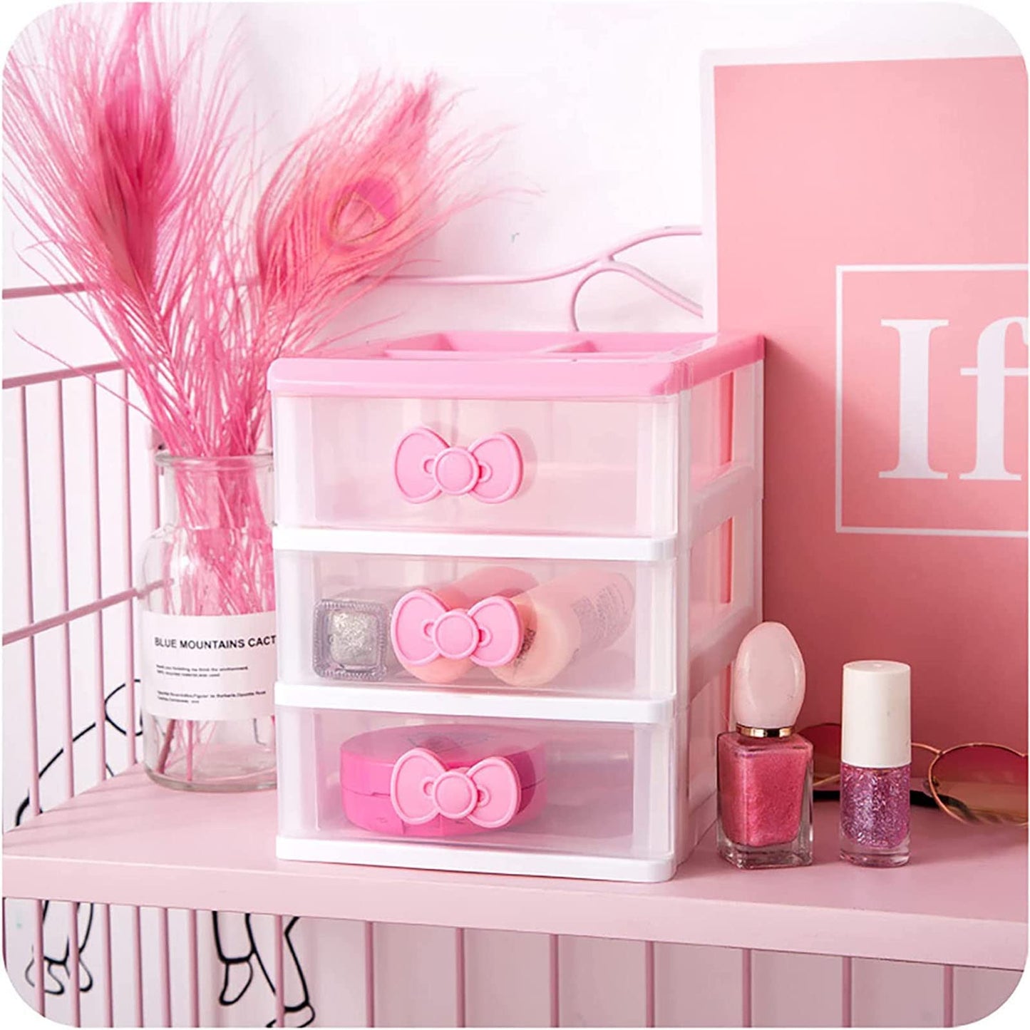 BxuxJar 3 Drawers Small Pink Plastic Drawers Organizer, Kawaii Mini Desktop Storage Drawers, Small Pink Drawers Desk Organizer for Bathroom, Vanity, Office, Bedroom