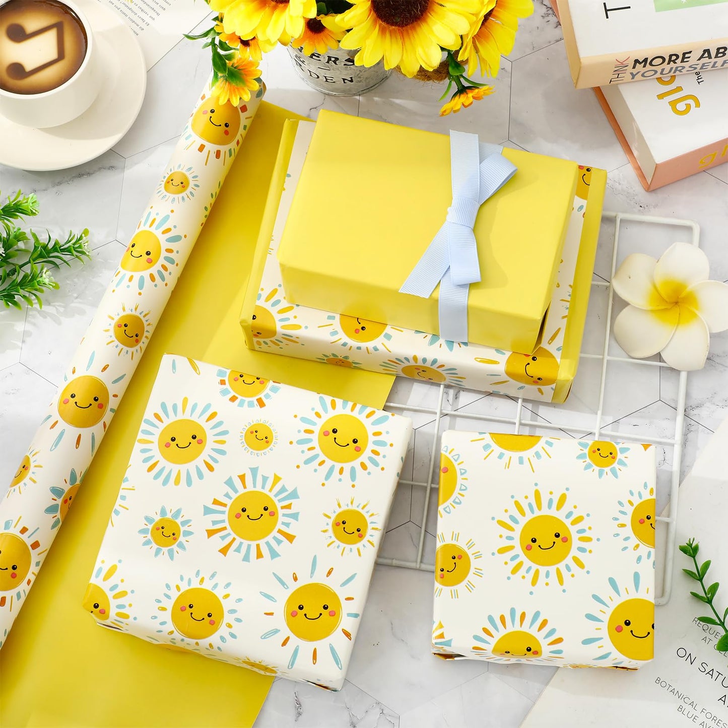 JarThenaAMCS Happy Sun Wrapping Paper - Mini Roll - 17 Inch x 32.8 Ft Blue Yellow Smile Sunshine Gift Wrap Paper Double-Sided for Summer Birthday Baby Shower Party DIY Crafts