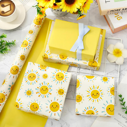 JarThenaAMCS Happy Sun Wrapping Paper - Mini Roll - 17 Inch x 32.8 Ft Blue Yellow Smile Sunshine Gift Wrap Paper Double-Sided for Summer Birthday Baby Shower Party DIY Crafts