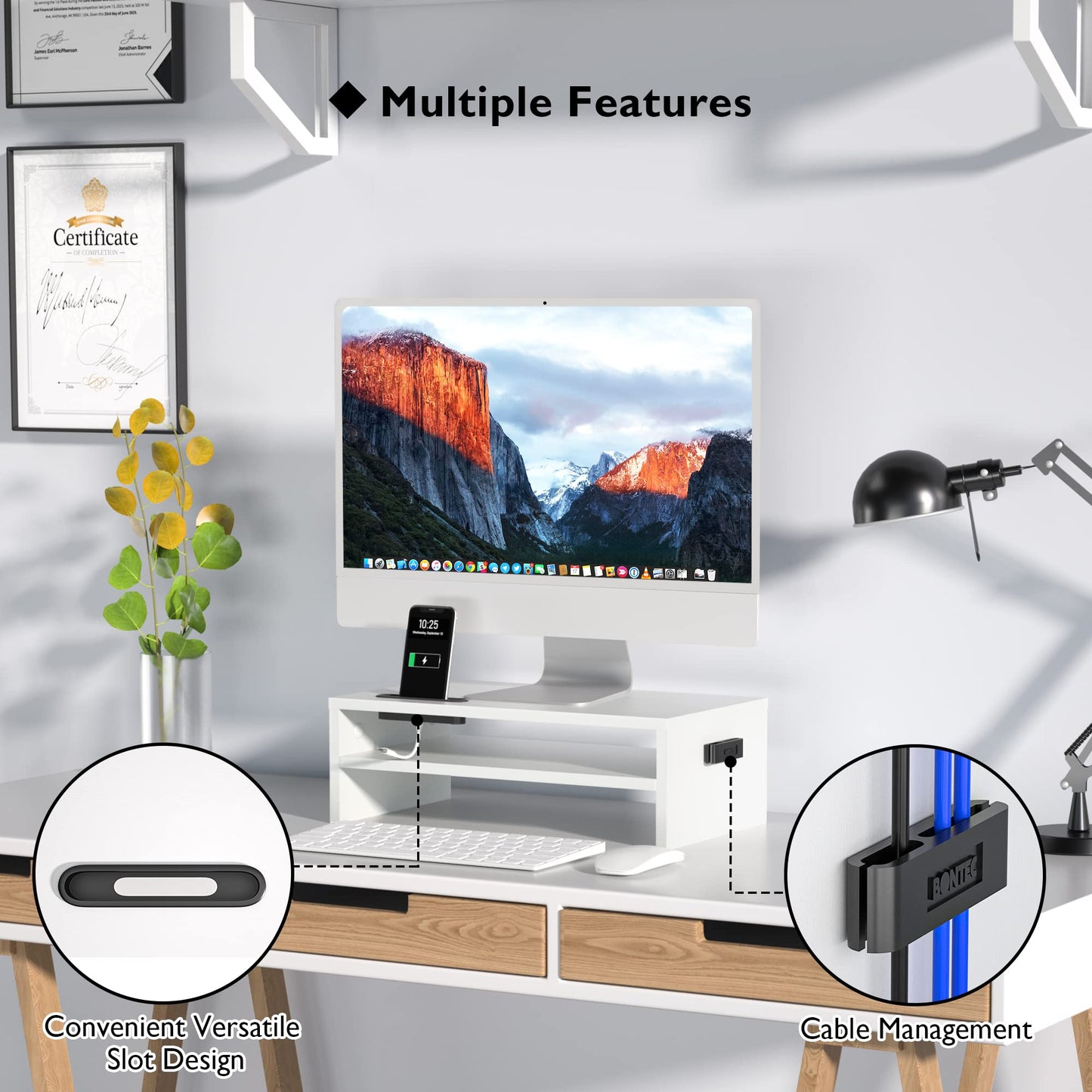 BONTEC Wooden Monitor Stand Riser, 2-Tier Desk Shelf with Storage Organizer, Ergonomic Computer Stand with Cable Management, Cellphone Holder, White, 16.5 Inch