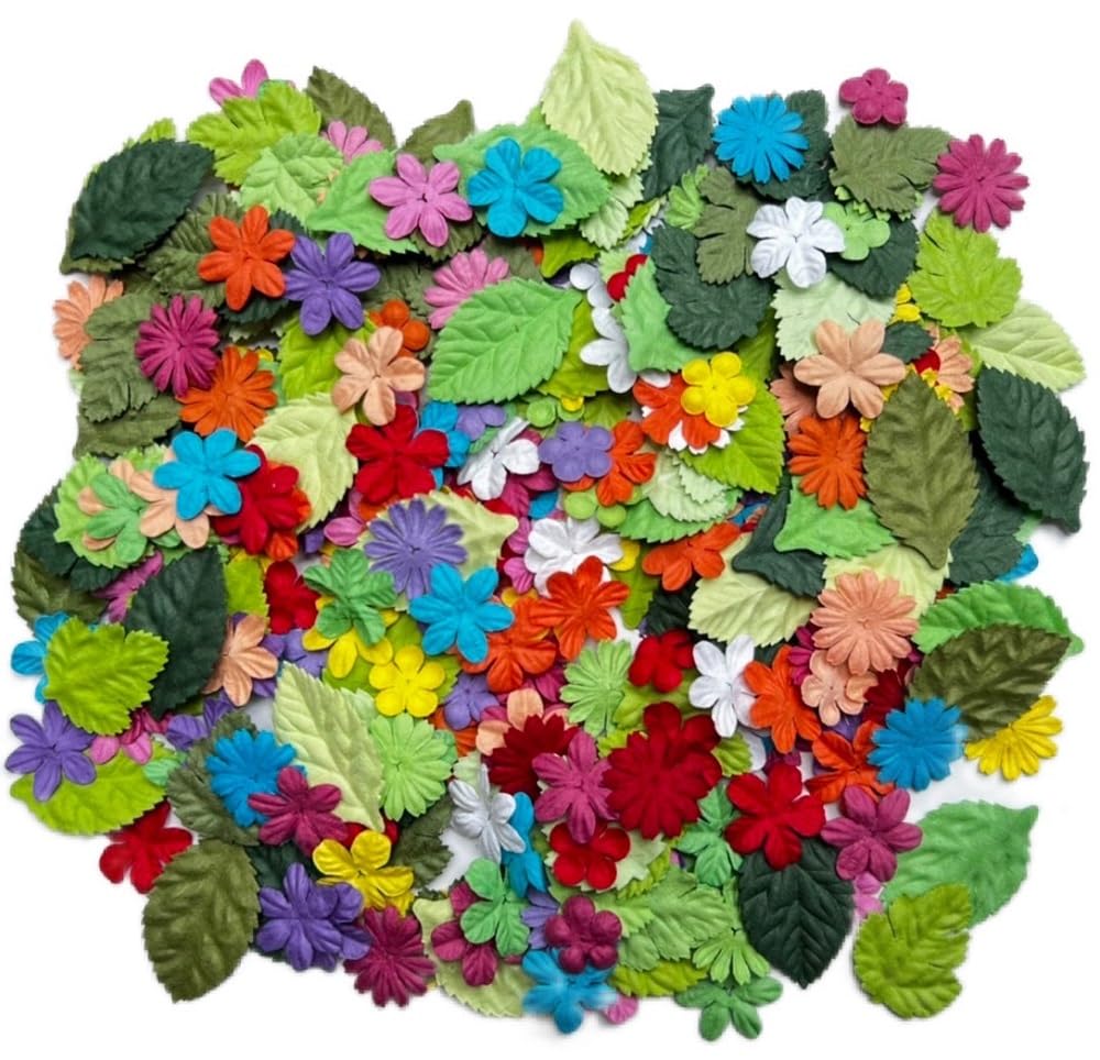 200 Pcs Handmade Mixed Mulberry Paper Flowers Petals and Leaves Scrapbooking Wedding DIY Craft Supplies Card (10 Colors Flowers/Green Tone Leaves)