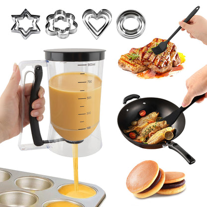 Pancake Batter Dispenser With Squeeze Handle Set, No Mess & Easy Pour, Includes Muffin, Hexagram, Heart and Flower Rings, Pastry Brush and Spatula – Ideal for Pancakes, Waffles and Cupcakes