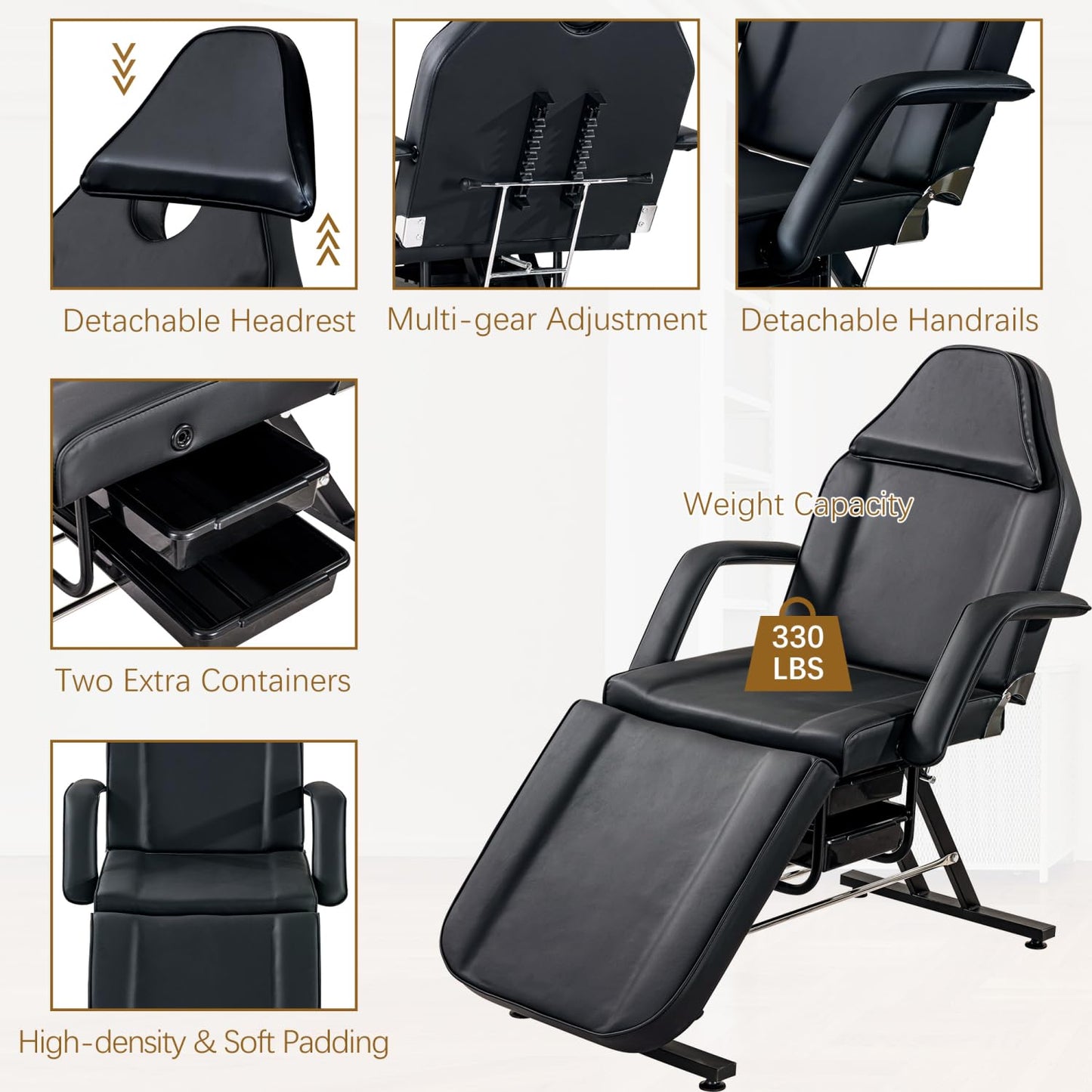 Massage Salon Tattoo Chair with Two Trays Esthetician Bed Hydraulic Stool Multi-Purpose 3-Section Facial Bed Table Adjustable Beauty Barber Spa Equipment Black