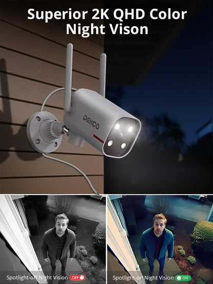 DEKCO Outdoor Security Camera 2K Pan Rotating 180° Wired WiFi Cameras for Home Security with Two-Way Audio, Night Vision, 2.4G WiFi, IP65, Motion Detection Alarm (2 Pack)