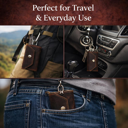 TheAntiq Genuine Leather Key Organizer Wallet – Compact Key Holder Case with 6 Hooks & Cash Pocket, Snap Closure Keychain with Carabiner for Car & Home Keys, Brown