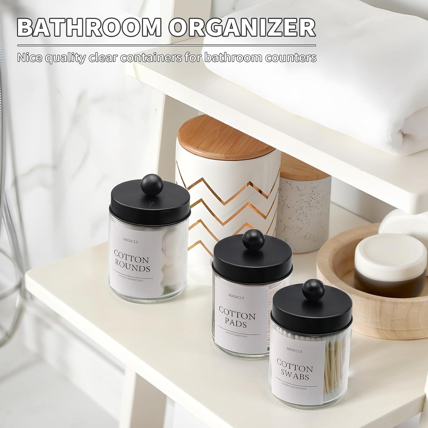 Skiennix Bathroom Organizers - 4 Pack Storage Accessories with Black Lids for Aesthetic Decor