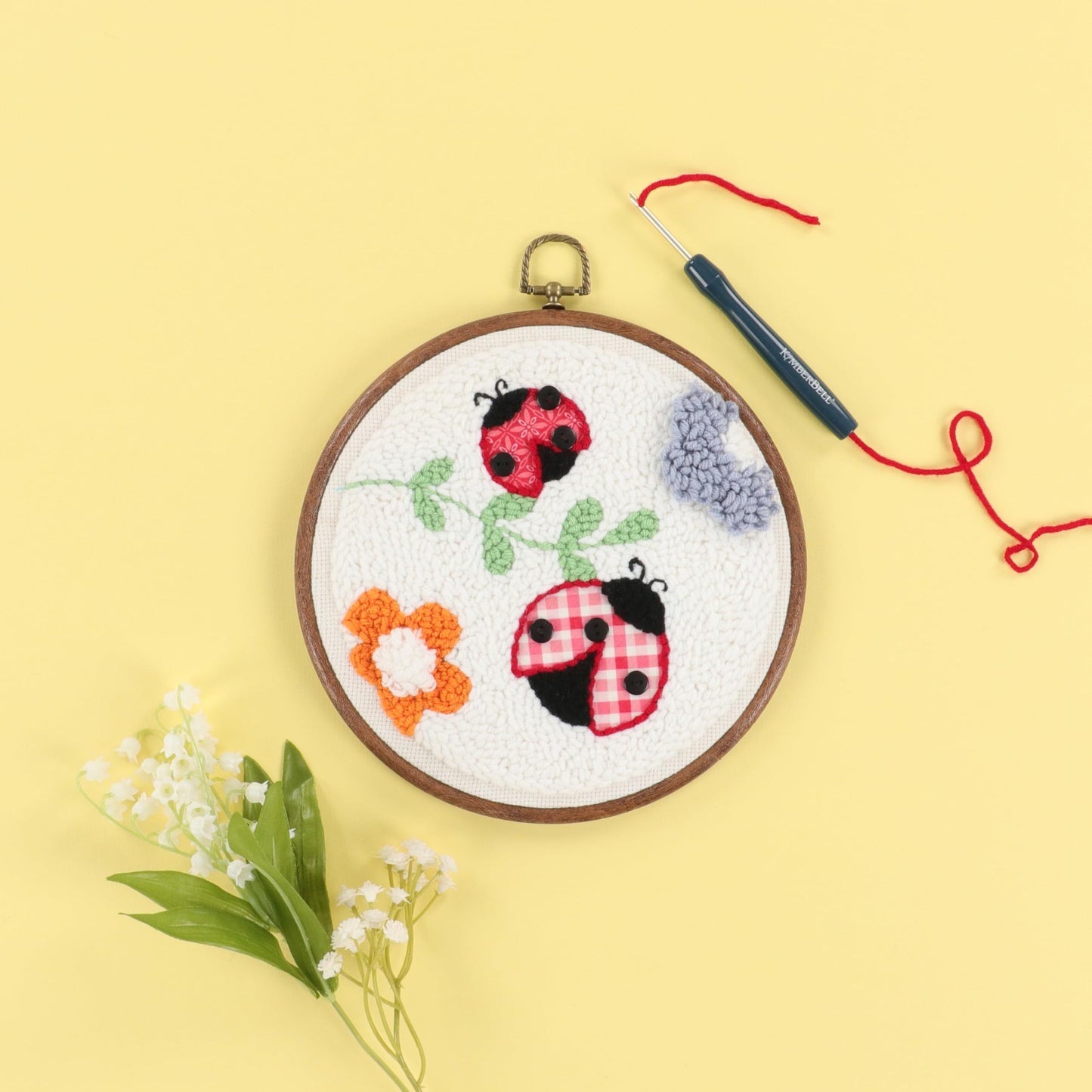 Kimberbell Punch Needle Kit – Bugs & Blooms - Complete DIY Embroidery Kit with Tool, Monks Cloth, Yarn, Appliqué Fabric & Frame – Ladybug & Floral Punch Needle Design for Handmade Gifts & Décor