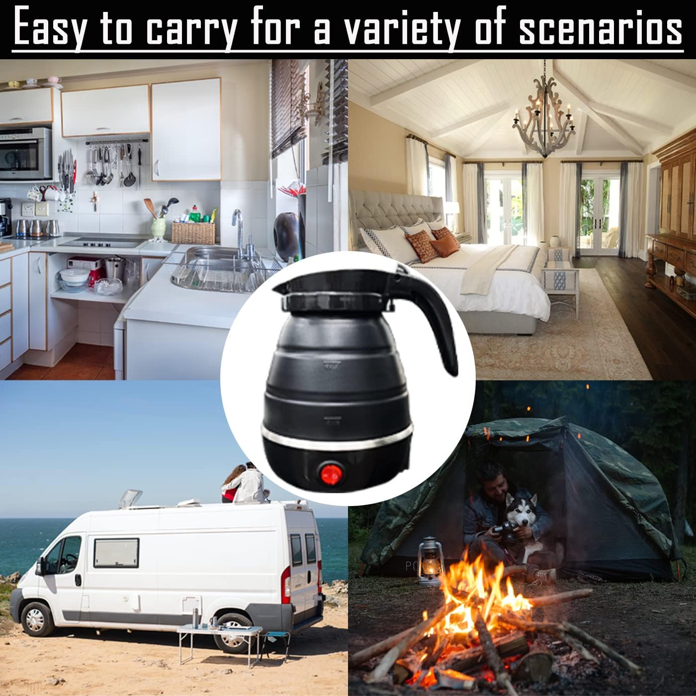 Foldable Electric Travel Kettle, Portable Silicone Collapsible Water Boiler and Tea Pot for Camping (Black)
