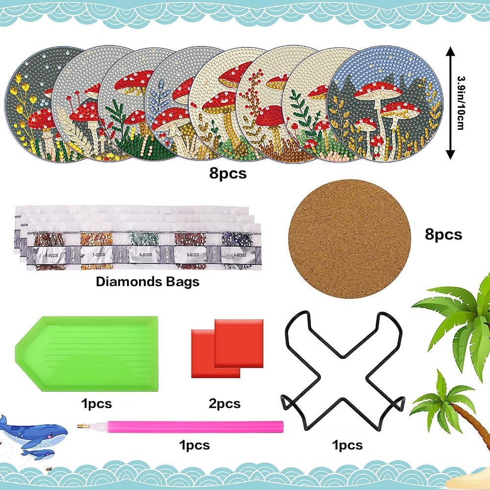 PERFECTSIGHT 8 Pcs DIY Diamond Art Painting Coasters with Holder, Cute Diamond Paint Coaster Kits for Adults, Kawaii Full Drill Diamond Art Craft Paint by Number Non Slip Coaster - Beige Mushroom