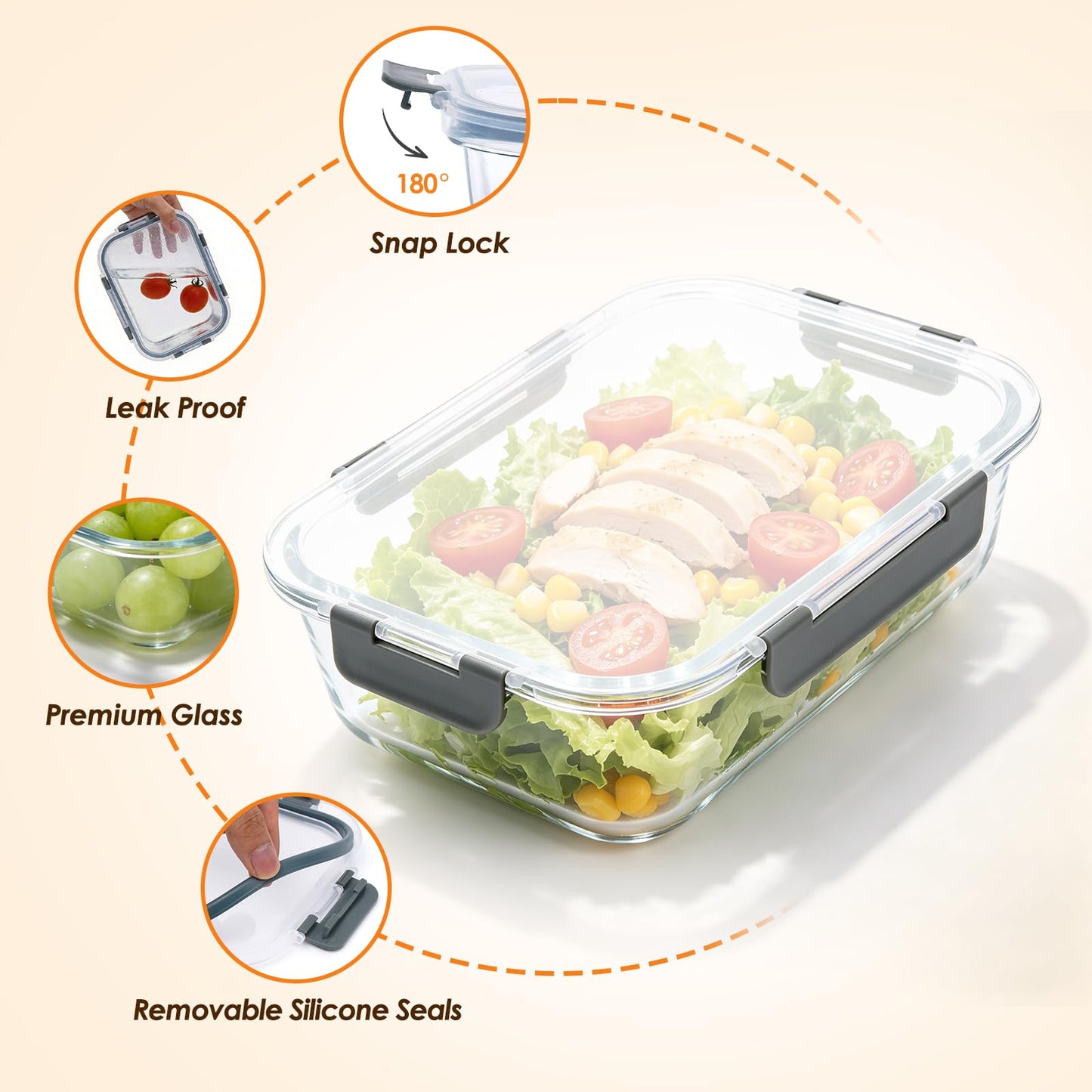 KEKEGO 5 Pack 36oz Glass Storage Containers with Lids, Glass Meal Prep Food Container Sets with Snap Airtight Lid for Microwave, Oven, Freezer and Dishwasher, Grey