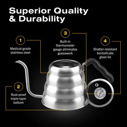 Bean Envy Pour Over Coffee Kettle, Small Gooseneck Kettle with Thermometer and Ergonomic handle, Pour Over Kettle Stainless Steel 40 Oz, Gooseneck Tea Kettle for all occasions.