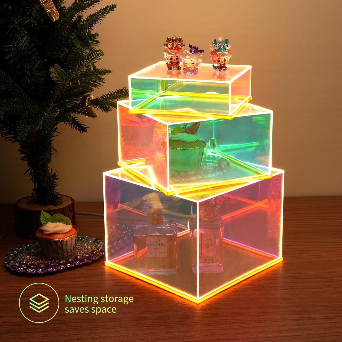 Prismatic Iridescent Display Risers with Plug and Play LED Lights, 3pc-6" 7" 8" Stackable Lighted Cube Box for Figures Jewelry Perfume Purse, Neon Acrylic Display Stands, Rainbow Food Buffet Riser