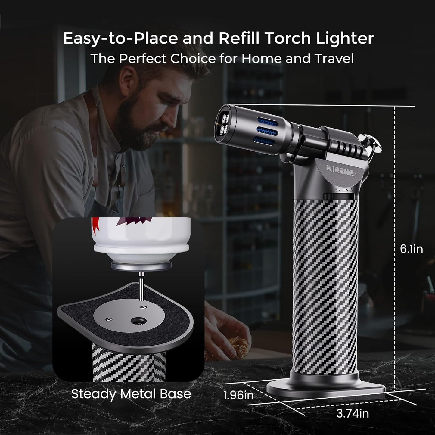 Quad Torch Lighter with Adjustable Flame, Refillable Windproof Blow Torch for Kitchen Cooking and BBQ