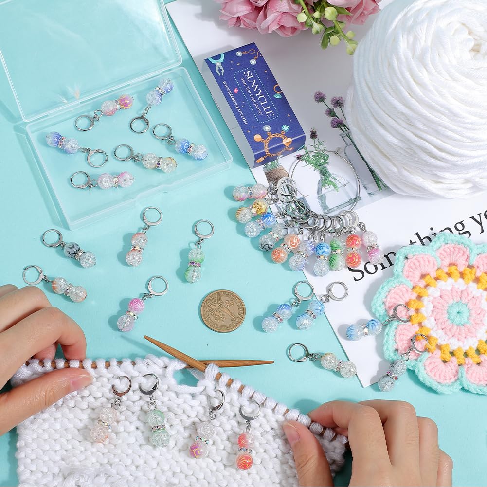 SUNNYCLUE 1 Box 30pcs Crochet Stitch Markers Charms Stitch Markers Cute Removable Acrylic Round Bead Locking Stitch Marker Clasp Clip Charms Bulk for Weaving Sewing Zipper Quilting Accessories