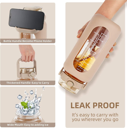 SIEROZUR 74oz Glass Water Bottle with Straw - Large Motivational Water Jug with Handle and Time Marker