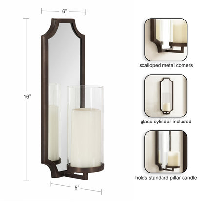 Kate and Laurel Ciel Glam Mirrored Wall Sconce, 6 x 5 x 16, Bronze, Modern Scalloped Candle Holder with Removable Glass Cylinder and Mirror for Bathroom or Bedroom Wall Decor