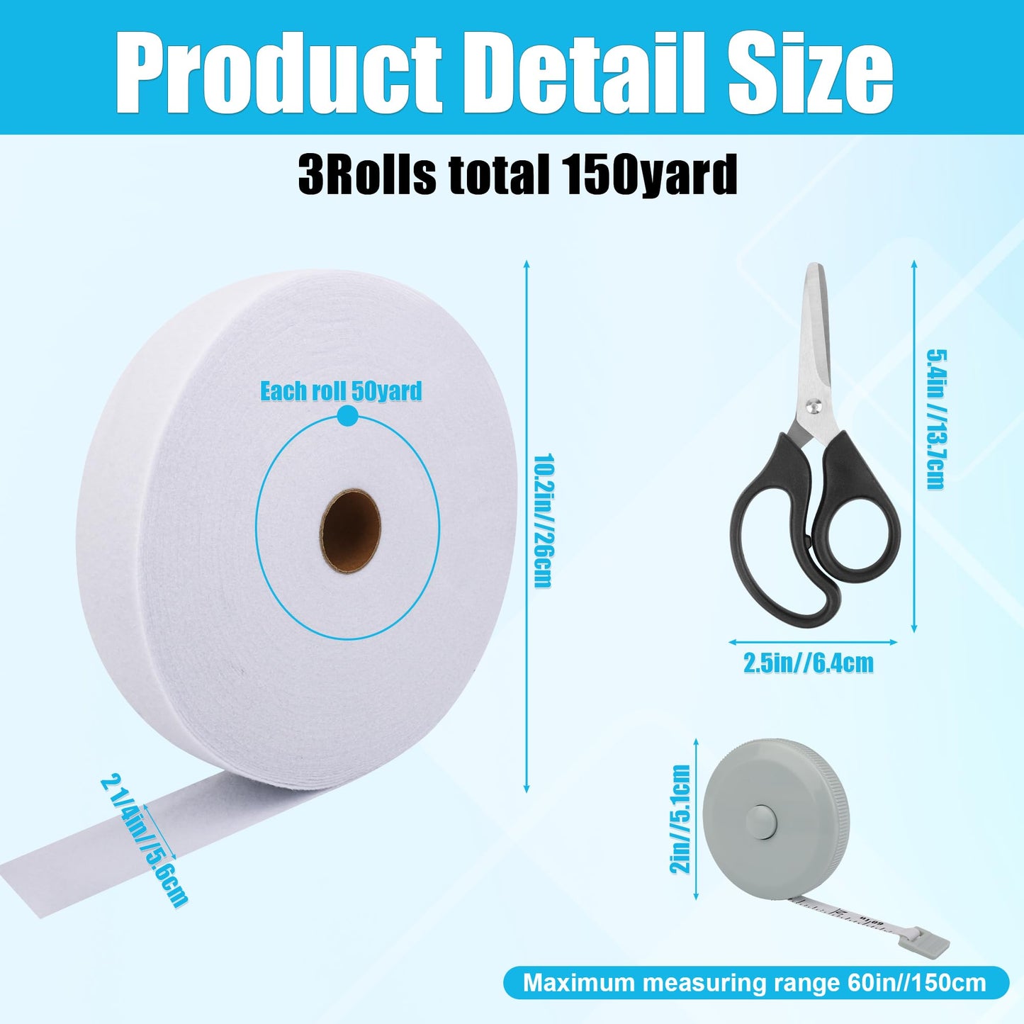 3 Roll Batting Strips 2 1/4 Inch 150 Yards with Scissors, Rule for Jelly Roll Rugs Cotton, Larbeti Jelly Roll Rug Batting for Cotton Blend Batting (White)