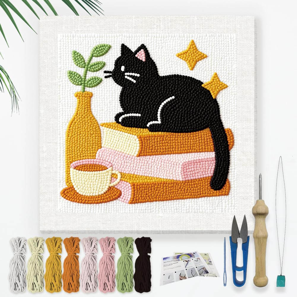 Doodlream Cat on Books Needle Kit for Beginner, 9.4"x 9.4" Coffee and Plant Punch Stitching Craft Set, Color DIY Embroidery Starter with Printed Frame, Instruction, Threader, Yarn, Pinch Needle